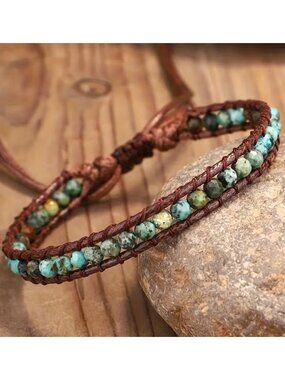 Bracelet Natural Stone Edge-Wrapped Adjustable Made from African Pine Hand-Woven
